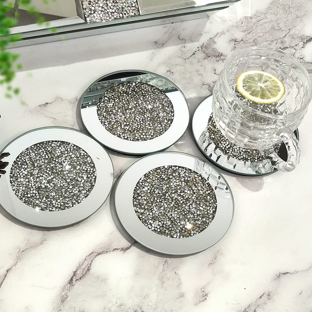 ny Glas Mirrored Coaster 4 PC, Crushed Diamond Round 4" Cup Mat Decor på bordplade