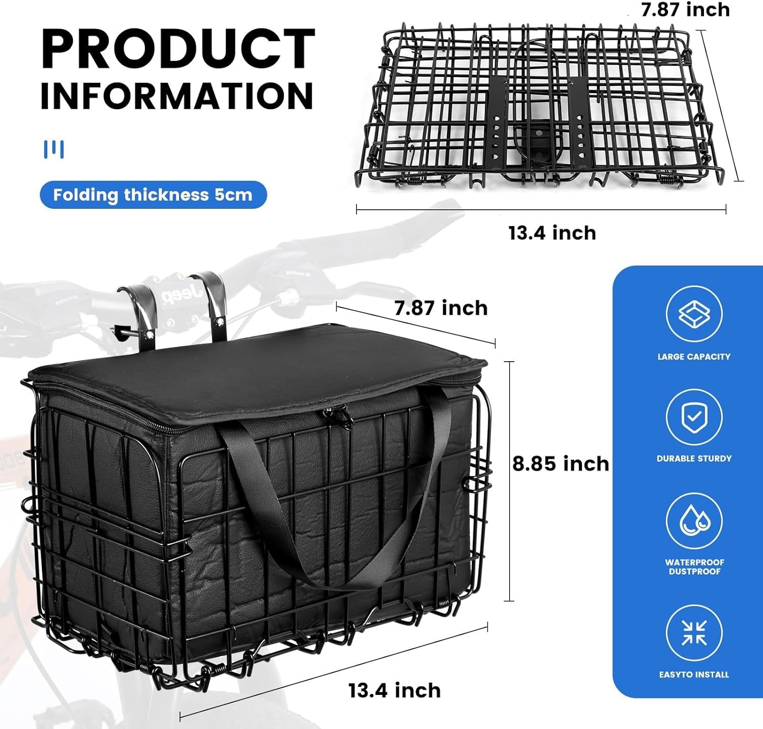 new Front Folding Bike Basket with Removable Liner Bag - Quick STANDARD, black 07FC0E-D4 - KOEEK