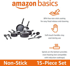 Non-Stick Cookware 15-Piece Set, Includes Pots, Pans and Cookware, Black