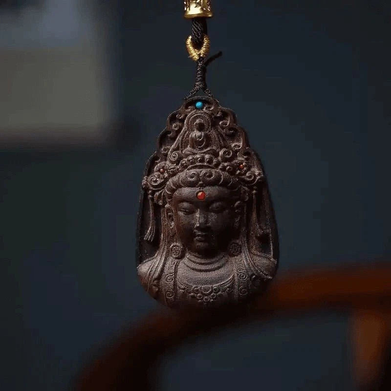 Woven Rope Godness Guanyin Necklace Natural Wood Buddha  Blessing Pendant 07FC0E-D4 - KOEEK