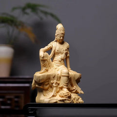 23cm Traditional Cypress Wood Guanyin Bodhisattva Hand-carved Buddhist Statue 07FC0E-D4 - KOEEK