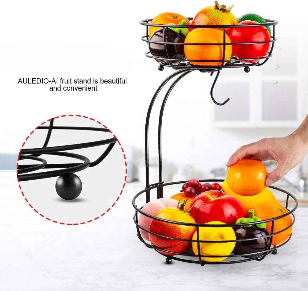 Iron 2-Tier Countertop Fruit Vegetables Basket Bowl Storage With Banana Hanger 07FC0E-D4 - KOEEK