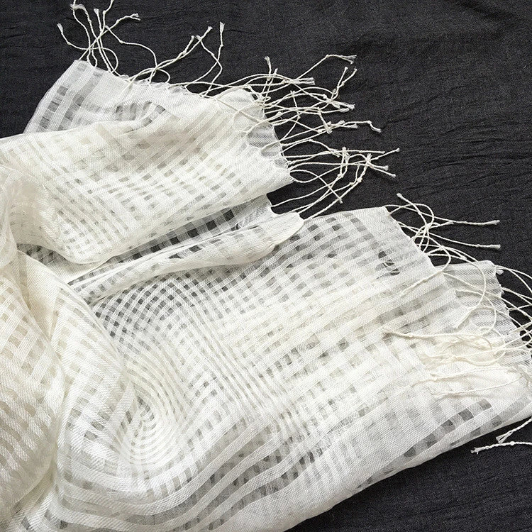 Womens Plaid Tasseled White Wool Silk Scarf Breathable Veil Shawl Scarves Stole 07FC0E-D4 - KOEEK