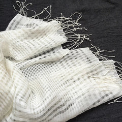 Womens Plaid Tasseled White Wool Silk Scarf Breathable Veil Shawl Scarves Stole 07FC0E-D4 - KOEEK