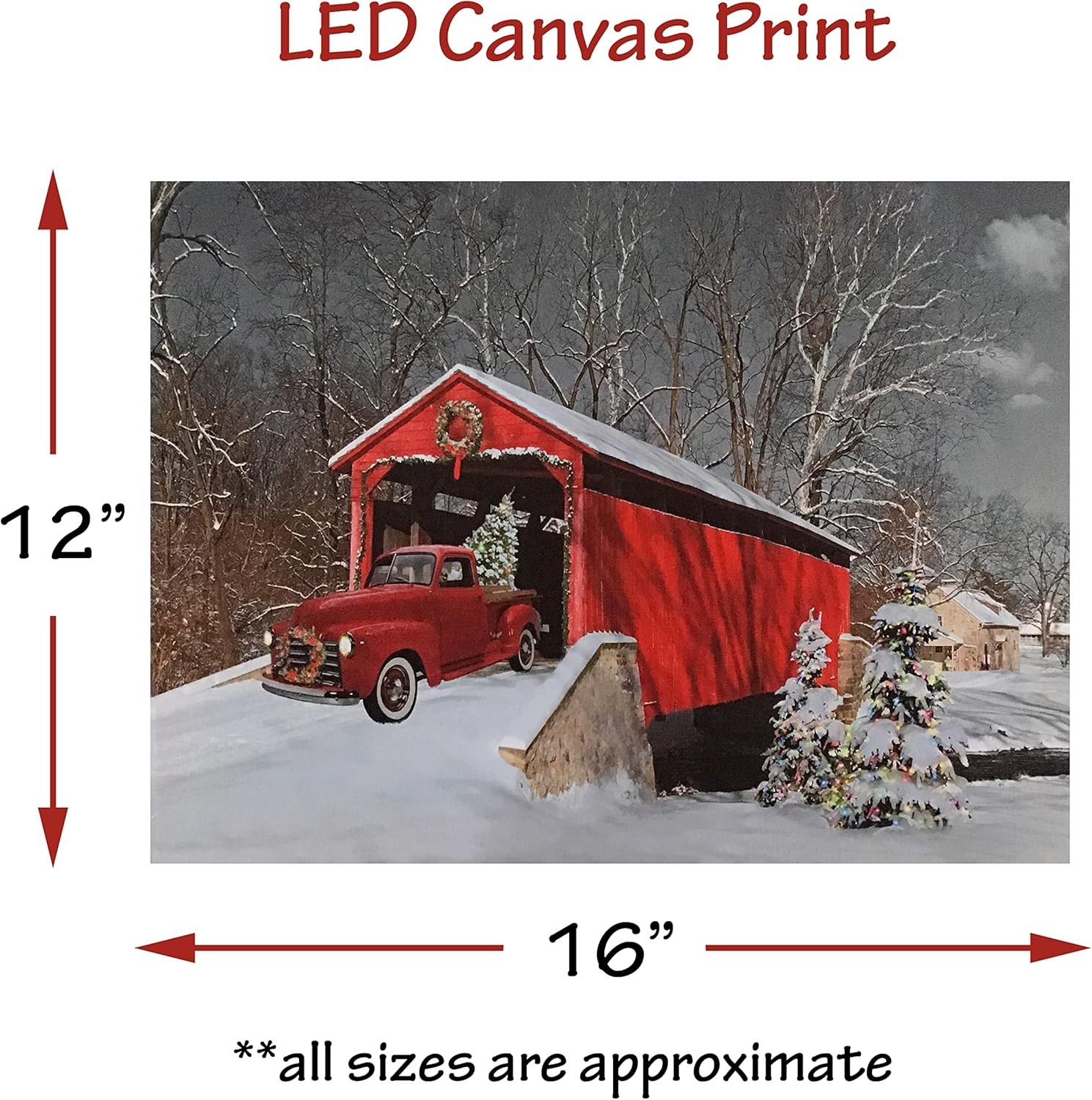 LED Wall Art - Lighted Red Truck Covered Bridge Canvas Print - Christmas Picture 07FC0E-D4 - KOEEK