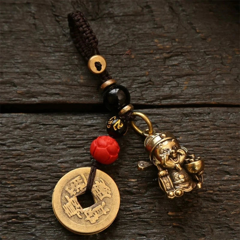 Vintage Brass Wealth God Keychain Amulet Handmade Braided Rope  Pendant 07FC0E-D4 - KOEEK