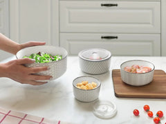 Ceramic Nesting Bowl with Lid, Embossed, Food Storage Container, Kitchen Bowl 07FC0E-D4 - KOEEK