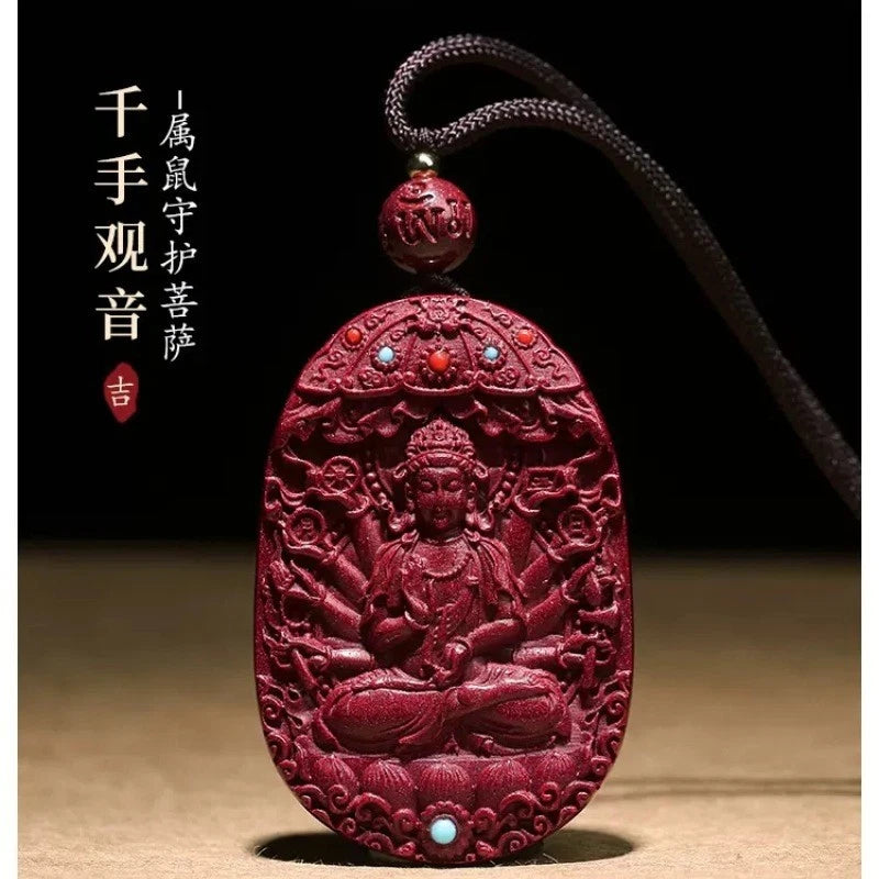 Natural Cinnabar Handcarved Twelve Zodiac Buddha Statue Pendant Amulet Necklace 07FC0E-D4 - KOEEK