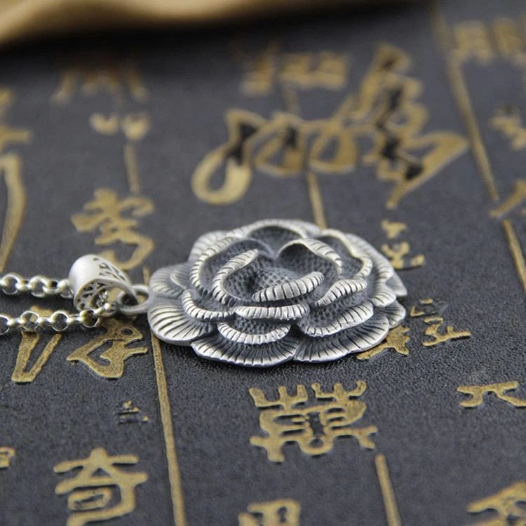 Peony Flower Pendant Silver Plated Vintage Sweater Chain Necklace 07FC0E-D4 - KOEEK