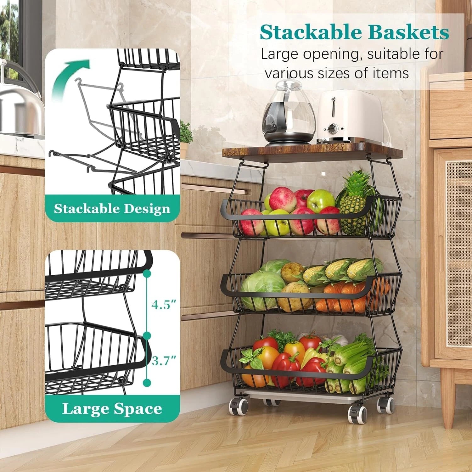 Kitchen Fruit Basket with Wooden Lid, 4 Tier Stackable Wire Storage Basket 07FC0E-D4 - KOEEK