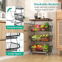 Kitchen Fruit Basket with Wooden Lid, 4 Tier Stackable Wire Storage Basket 07FC0E-D4 - KOEEK