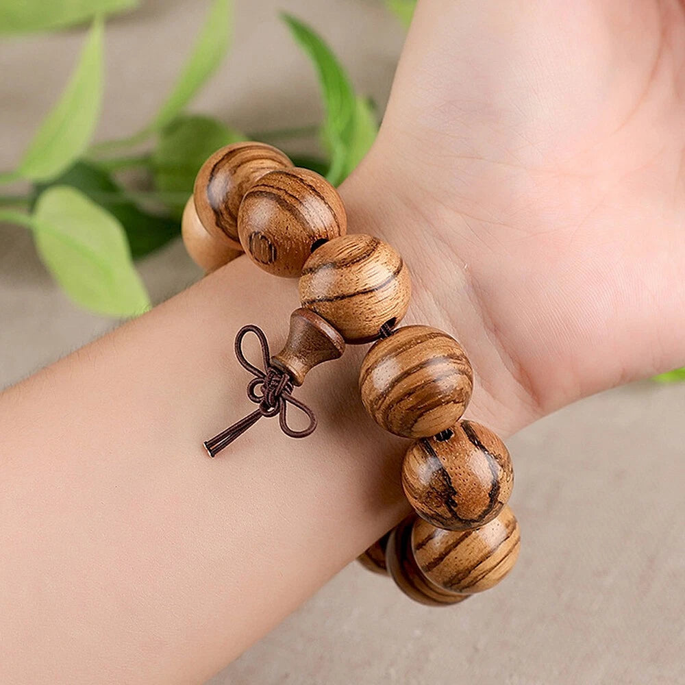 20 mm Vietnam Agarwood Wooden Bracelets Tiger Pattern Buddha Round Beads 07FC0E-D4 - KOEEK