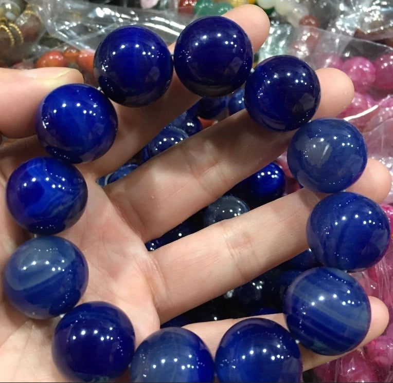 Blue Amber Bead Bracelet 20mm Round Unisex Jewelry Hand String Vintage Gift 07FC0E-D4 - KOEEK