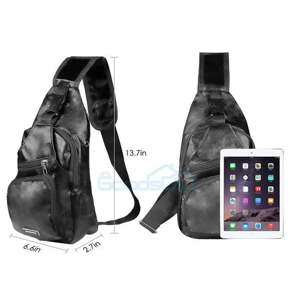 ny Mochila bandolera for hombre Bolso cruzado de cuero PU en el pecho Carga USB