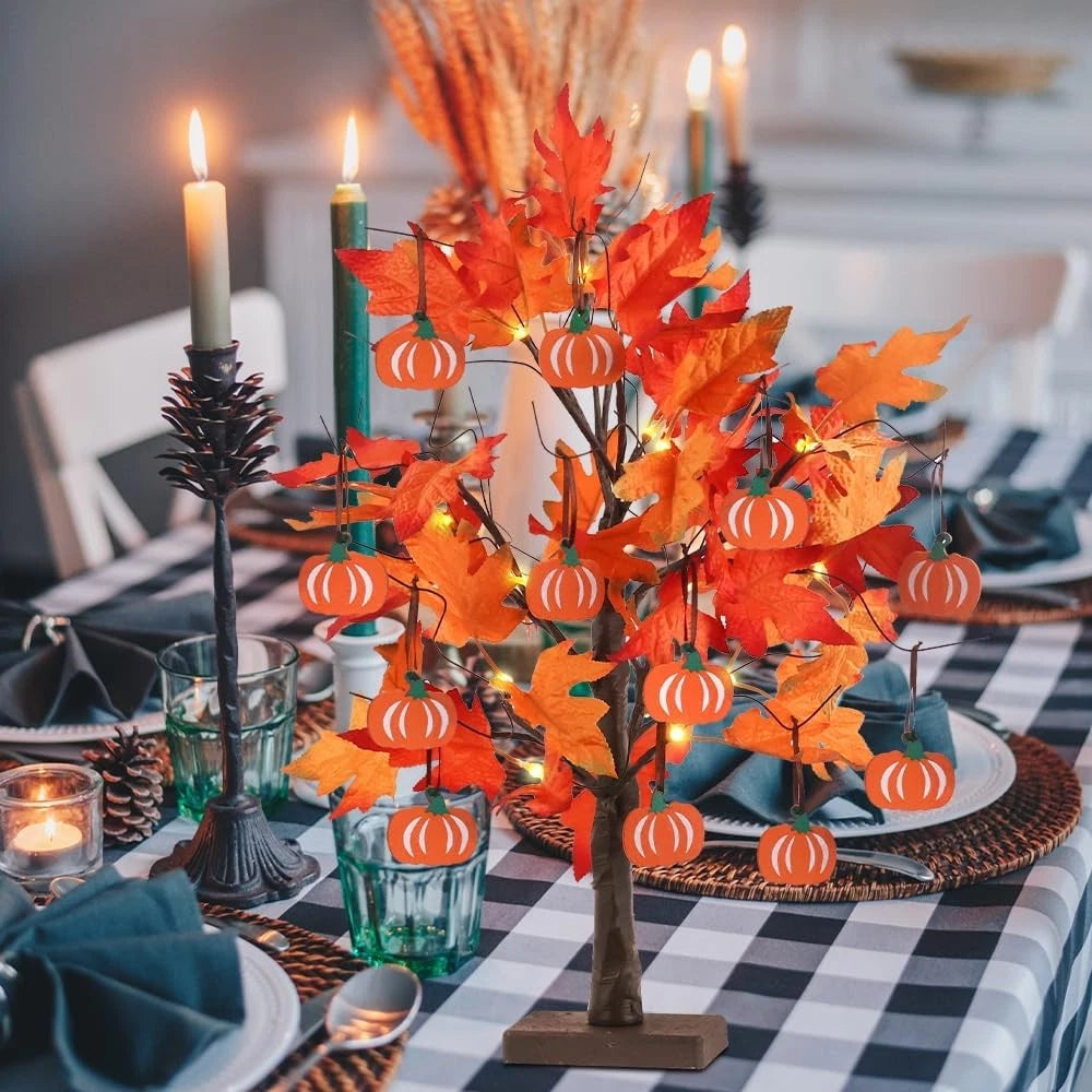 24”2FT Lighted Maple Leaves Tree with 24 LEDs & 12 Wood Pumpkin Ornaments 07FC0E-D4 - KOEEK
