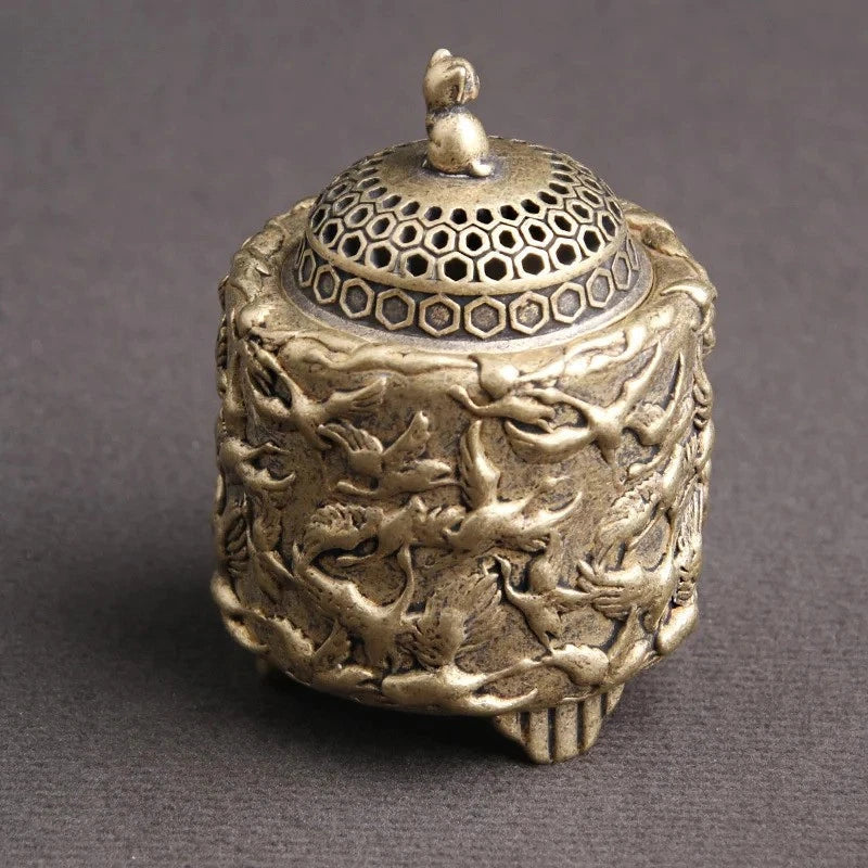 5.3cm Brass Hand-carved Crane Cat Lid Incense Burner Home Decoration Censer 07FC0E-D4 - KOEEK