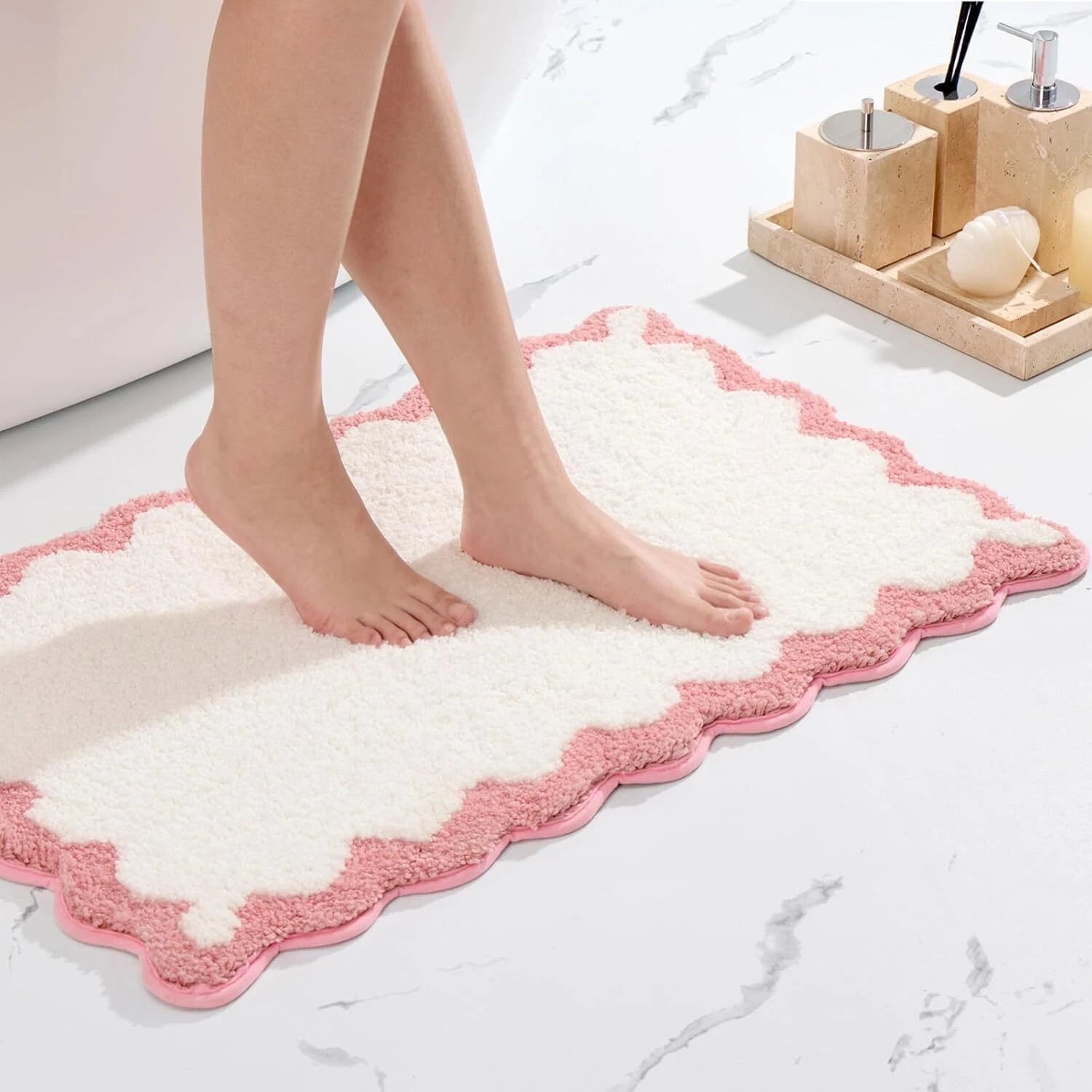 Scalloped Pink Bathroom Rugs Non Slip Washable, Quick Dry Absorbent Soft Plush 07FC0E-D4 - KOEEK
