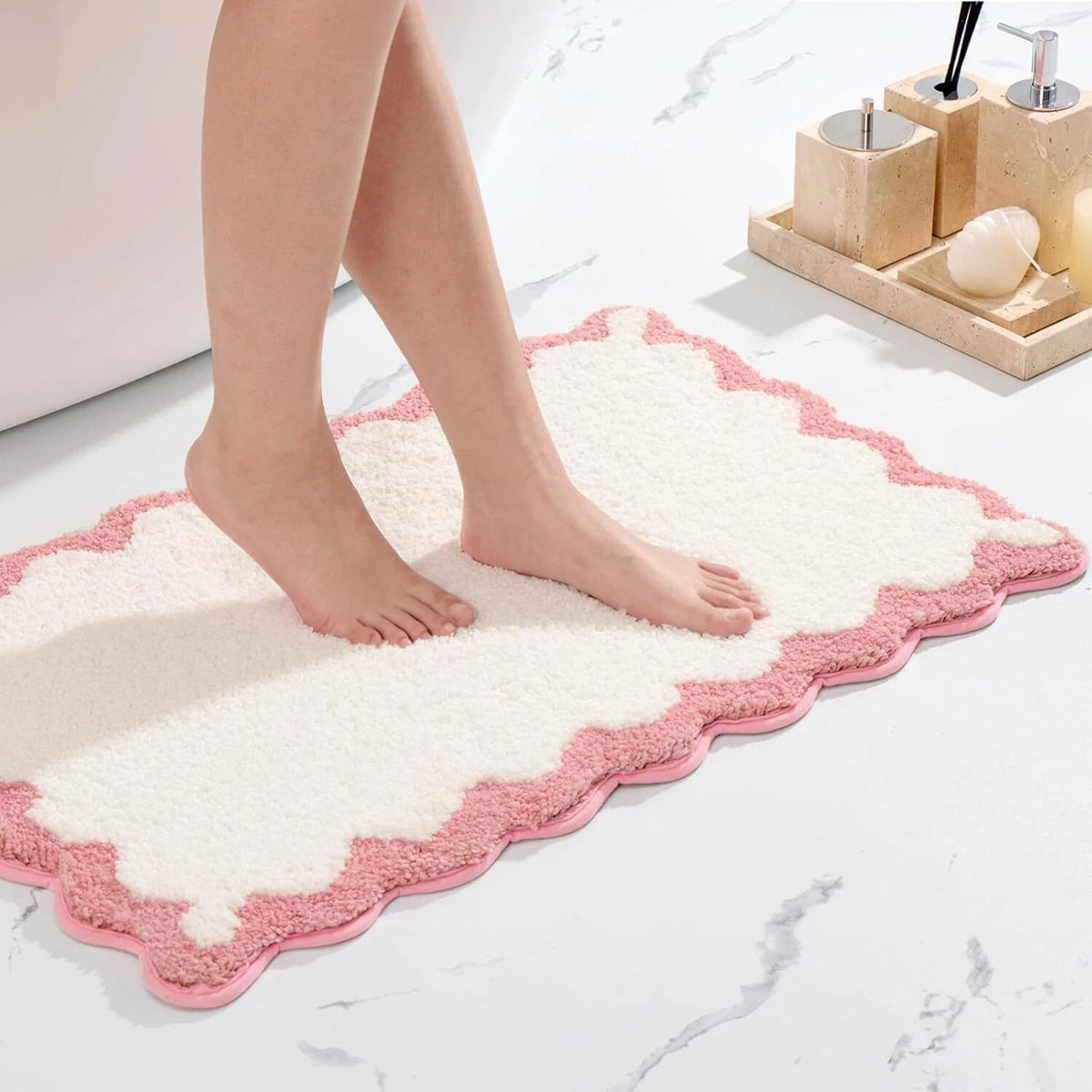 Scalloped Pink Bathroom Rugs Non Slip Washable, Quick Dry Absorbent Soft Plush 07FC0E-D4 - KOEEK