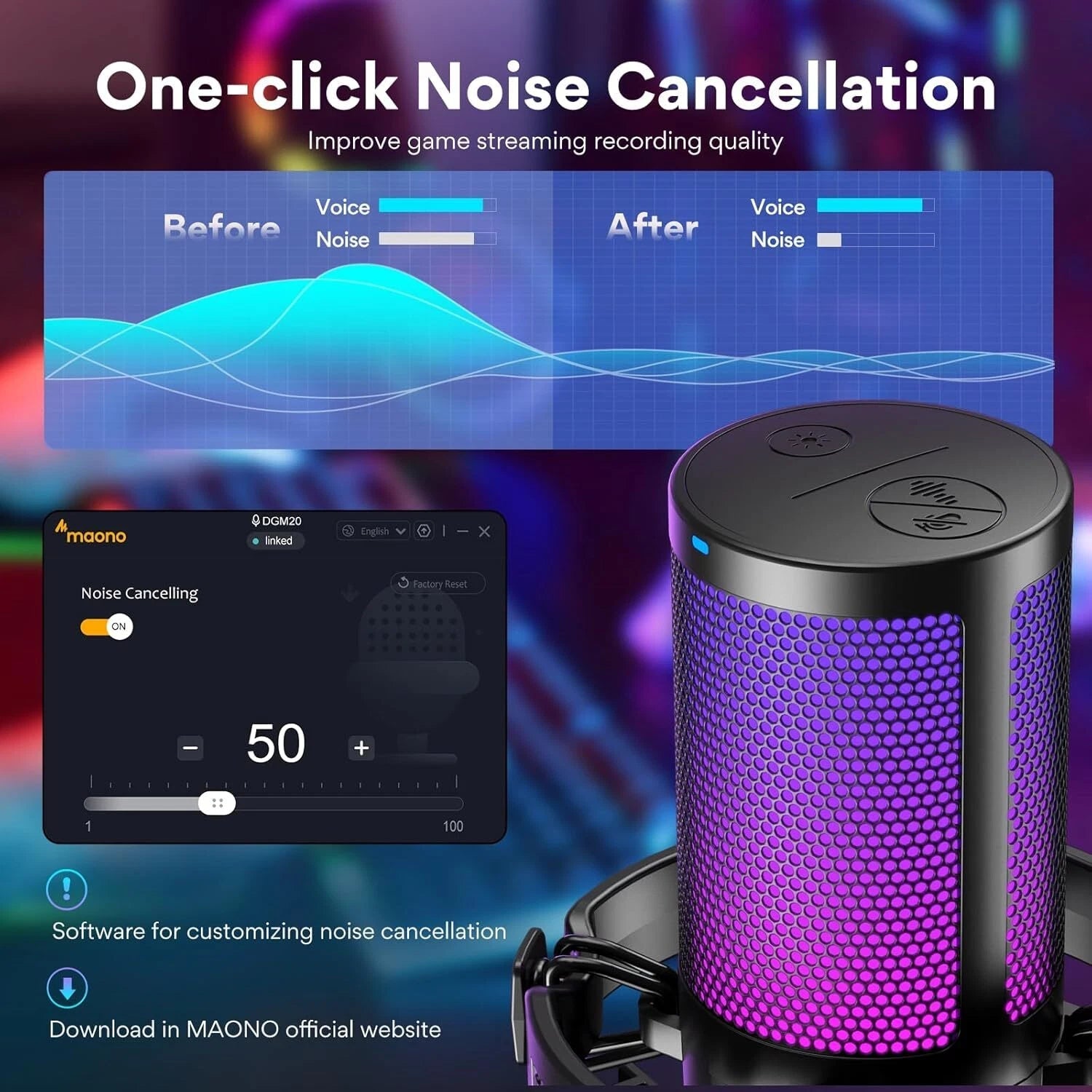 Computer Gaming Microphone with RGB Lights, Mute, Noise Canceling Microphone 07FC0E-D4 - KOEEK
