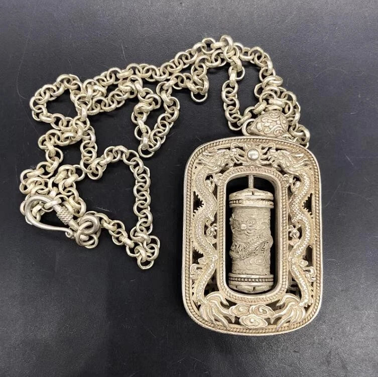 Old Collection Chinese Tibet Silver Carved loong Dragon Statue Amulet Necklace 07FC0E-D4 - KOEEK