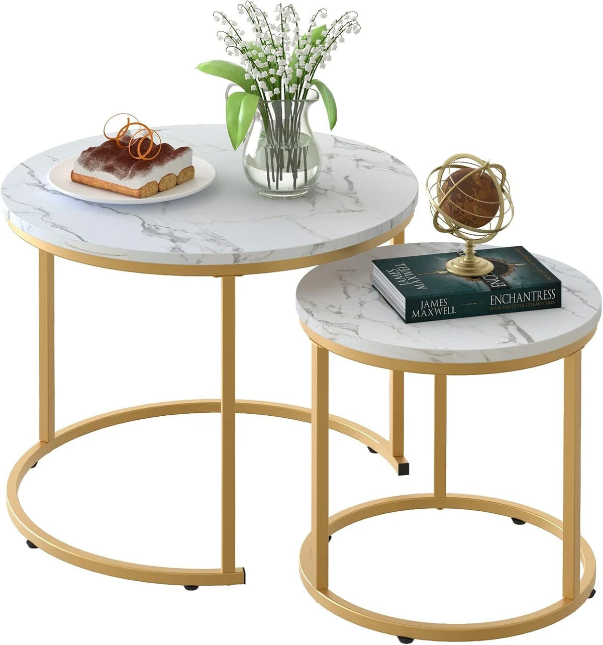 Coffee Table Gold Frame Round Marbled Wood Table, Minimalist Nightstand