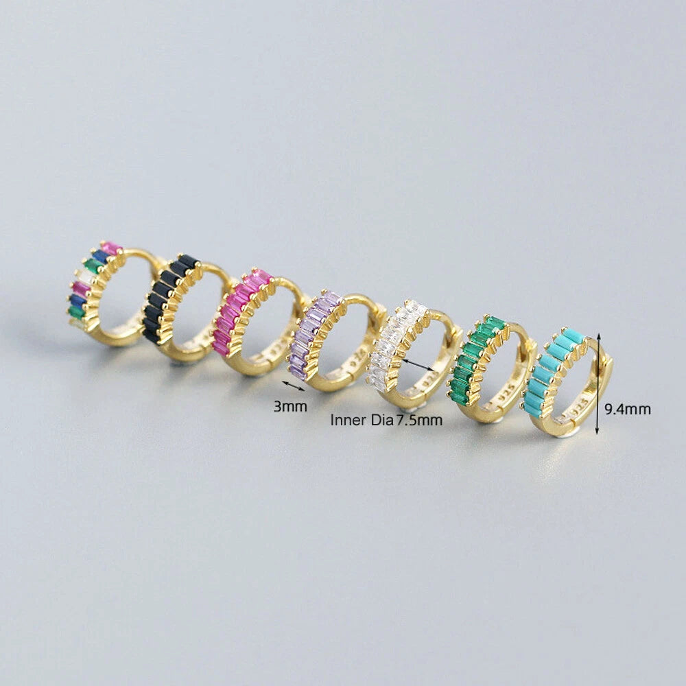 SMALL Sterling Silver Baguette CZ Zirconia Boho Huggie Hoop Earrings 07FC0E-D4 - KOEEK