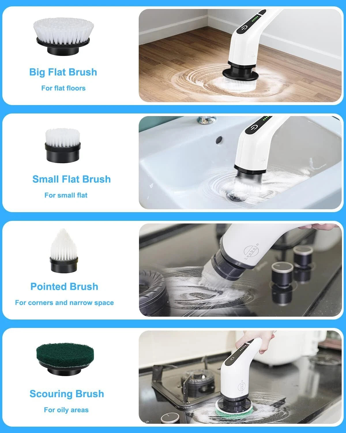 Electric rotary scrubber with 8 rechargeable cleaning brushes 07FC0E-D4 - KOEEK