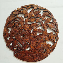 Round Peony Wood Carving Wall Hanging Camphor Wood Hollow 28cm Home Decor 07FC0E-D4 - KOEEK