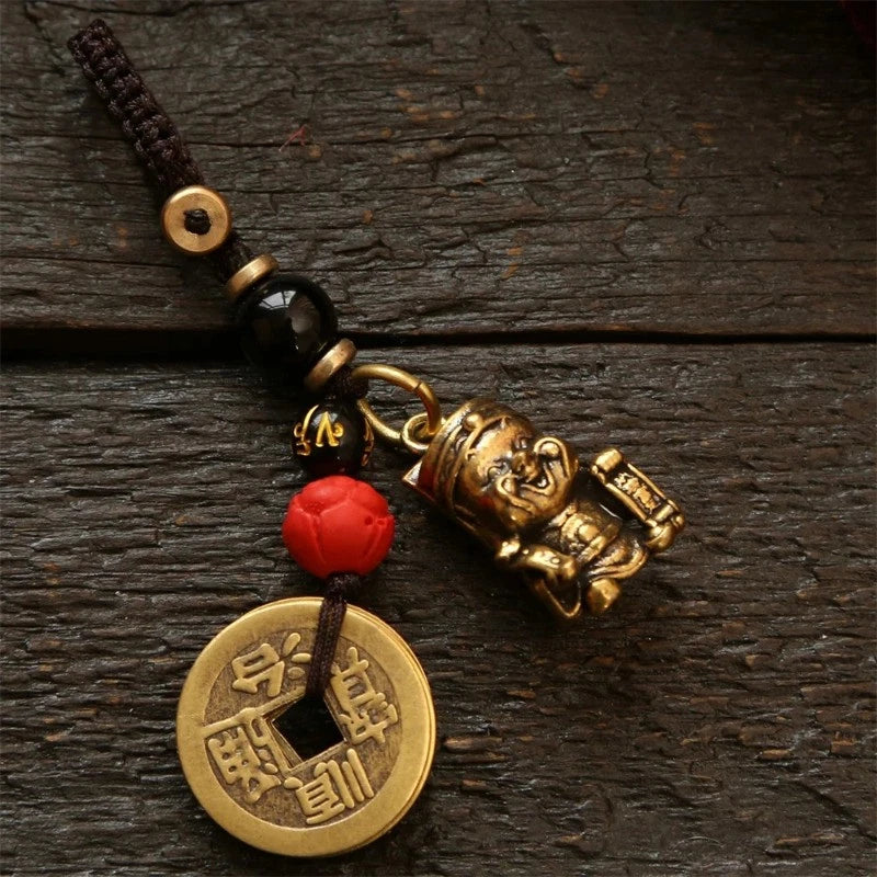 Vintage Brass Wealth God Keychain Amulet Handmade Braided Rope  Pendant 07FC0E-D4 - KOEEK