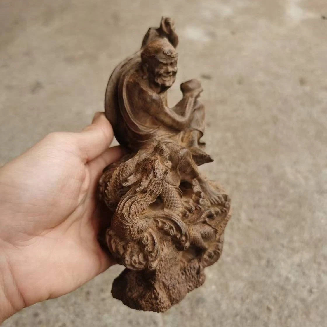17*9cm Vietnamese Agarwood Carved Dragon Arhat Figurine Feng Shui Wealth Gift 07FC0E-D4 - KOEEK