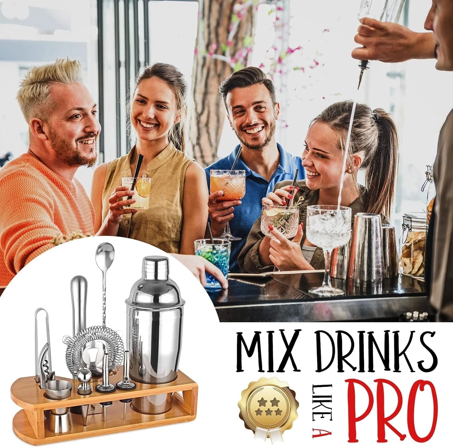 Cocktail Shaker Set Bartender Kit : 12-Piece Bar Tool Set with Bamboo Stand 07FC0E-D4 - KOEEK