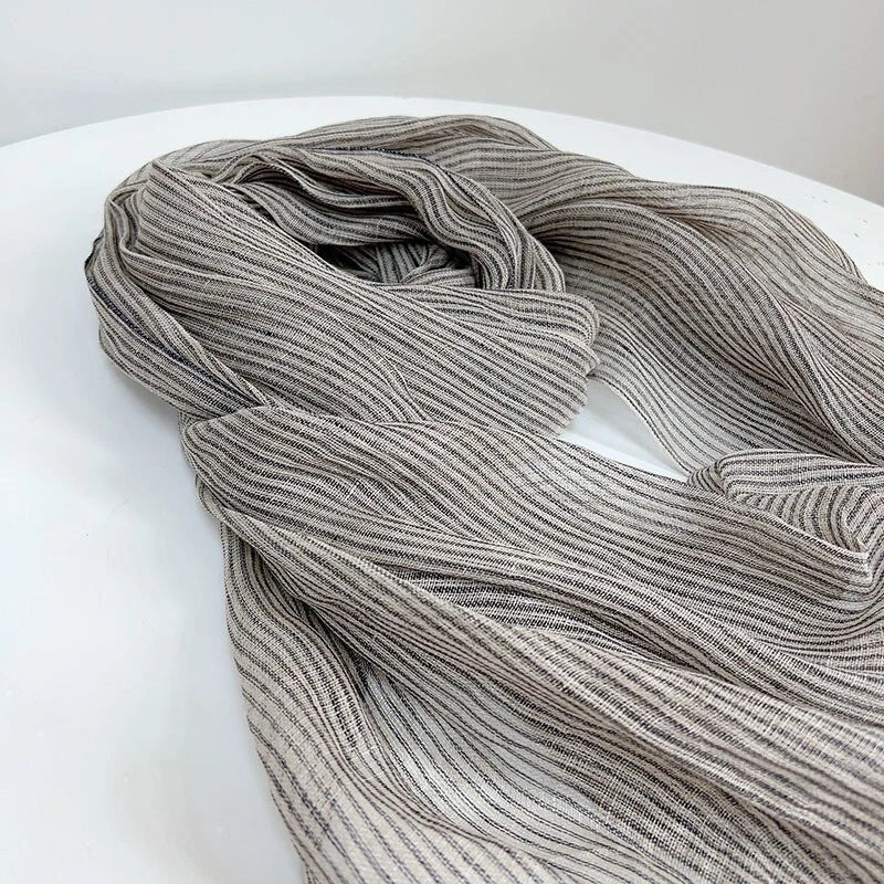 Womens Blue Pinstripe Tasseled Scarf Unisex Soft Flax Linen Bandana Wrap Scarves 07FC0E-D4 - KOEEK
