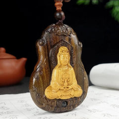108 Beads Guanyin Buddha Bless  Pandent Necklace Natural Wood Prayer Beads 07FC0E-D4 - KOEEK