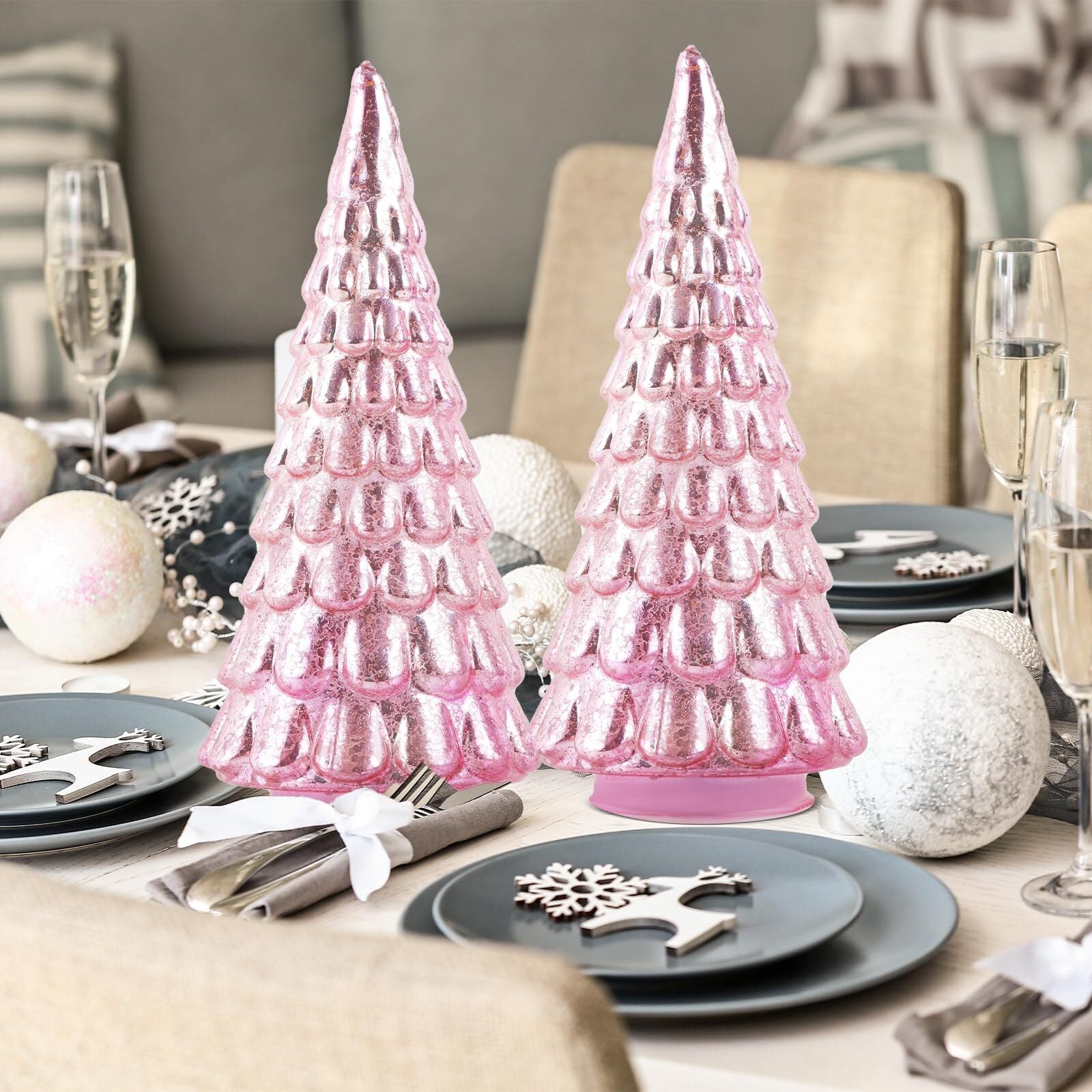 2PCS Pink Mercury Glass Christmas Tree with Light Table Top Decorations 10'' ... 07FC0E-D4 - KOEEK