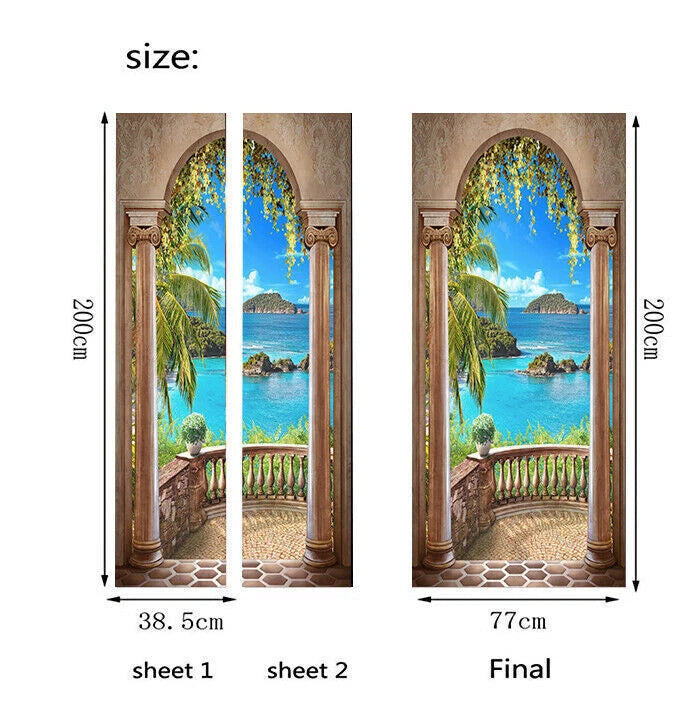 3D Arch Terrace Seascape Self Adhesive Mural Wall Bedroom Door Sticker Decor 07FC0E-D4 - KOEEK