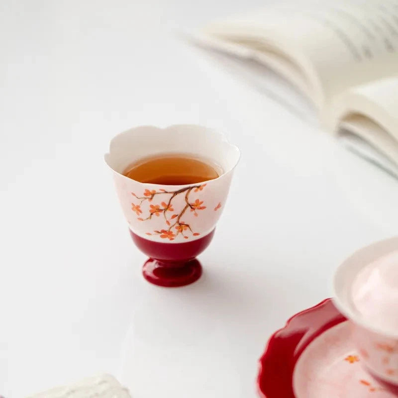 50ml High-foot Flower Mouth Master Cup Hand-painted Red Plum Kung Fu Tea Set 07FC0E-D4 - KOEEK