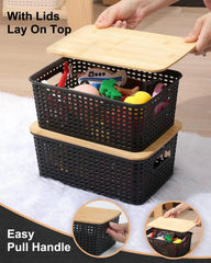 Storage Bins with Bamboo Lids Set of 6 Lidded Storage Container Plastic Baskets 07FC0E-D4 - KOEEK