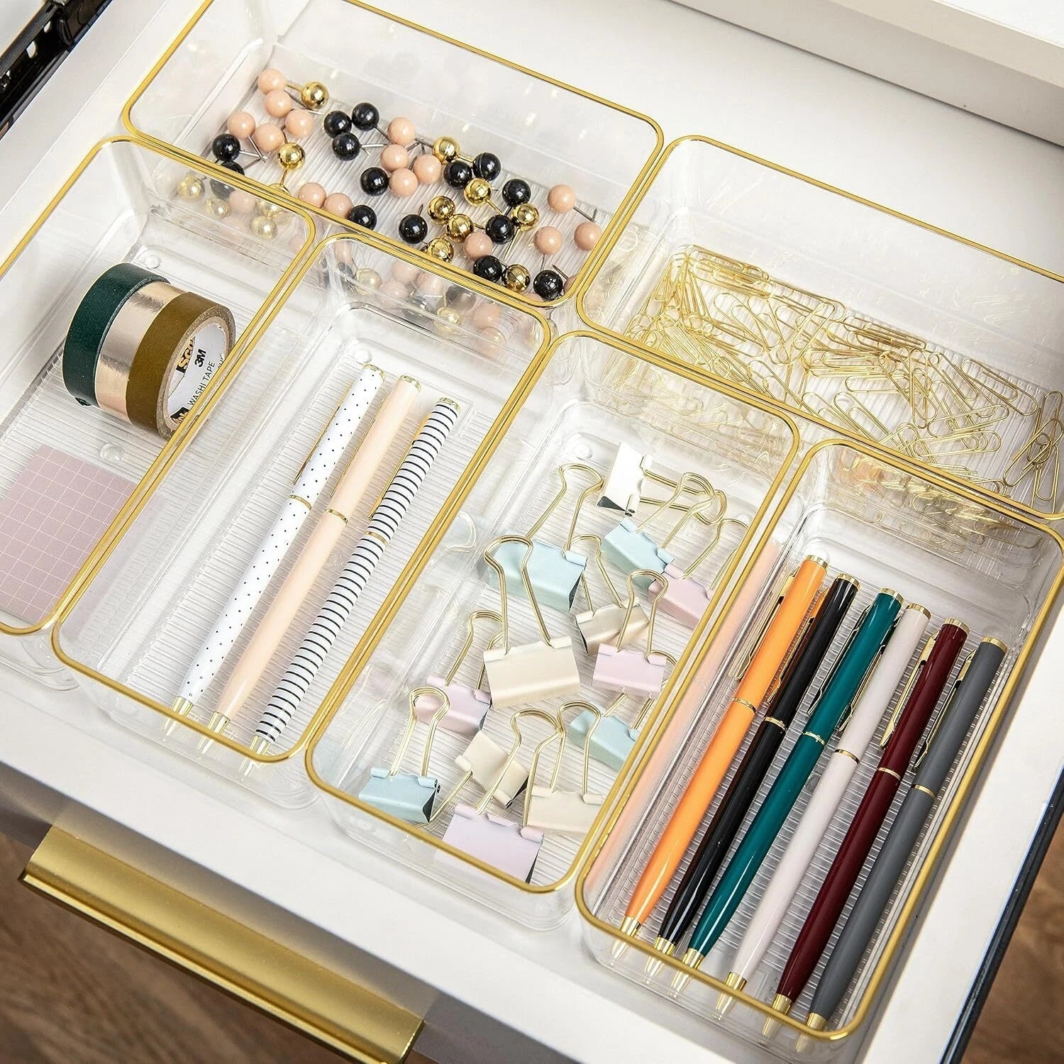 Kerry Plastic Stackable Office Desk Drawer Organizers, 6" x 3", 6 Pack,Gold Trim 07FC0E-D4 - KOEEK