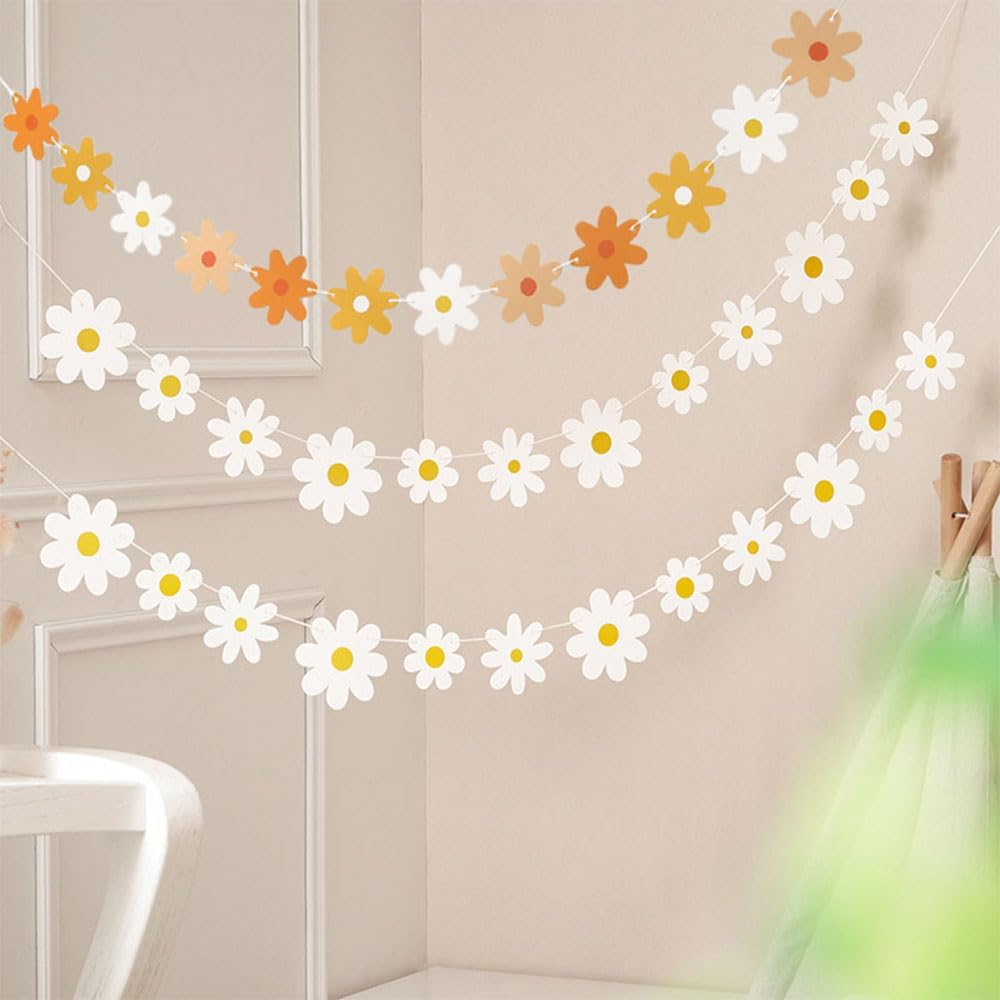 new Daisy Boho Banner Party Decorations,3 Packs Groovy Party White Daisy and Colorfu