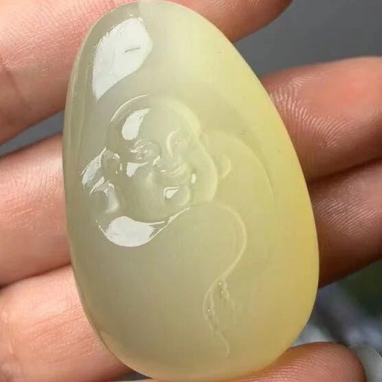 White Jade Rough Stone Hetian Blue Maitreya Buddha Attracts Wealth 07FC0E-D4 - KOEEK