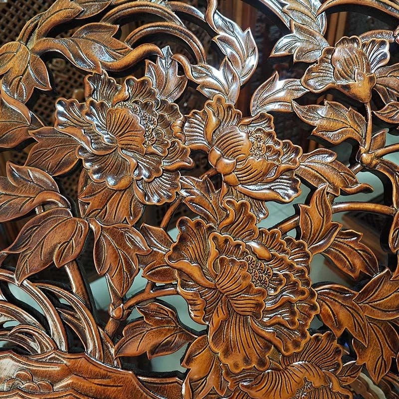 Round Peony Wood Carving Wall Hanging Camphor Wood Hollow 28cm Home Decor 07FC0E-D4 - KOEEK