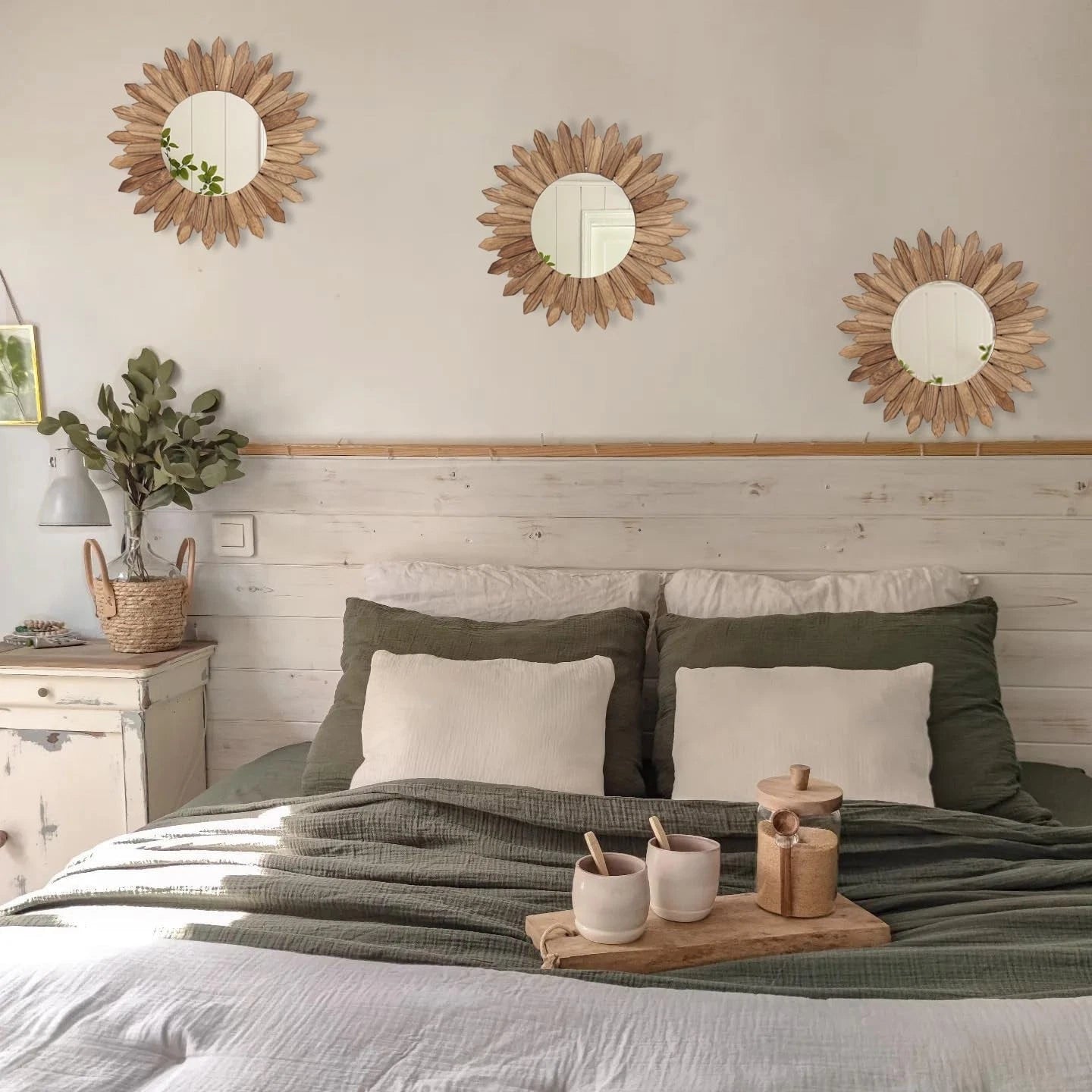 Boho Wall Decor Sunburst Mirror 3 Pack Rustic Round Wood Mirror 12 inch Mirror 07FC0E-D4 - KOEEK