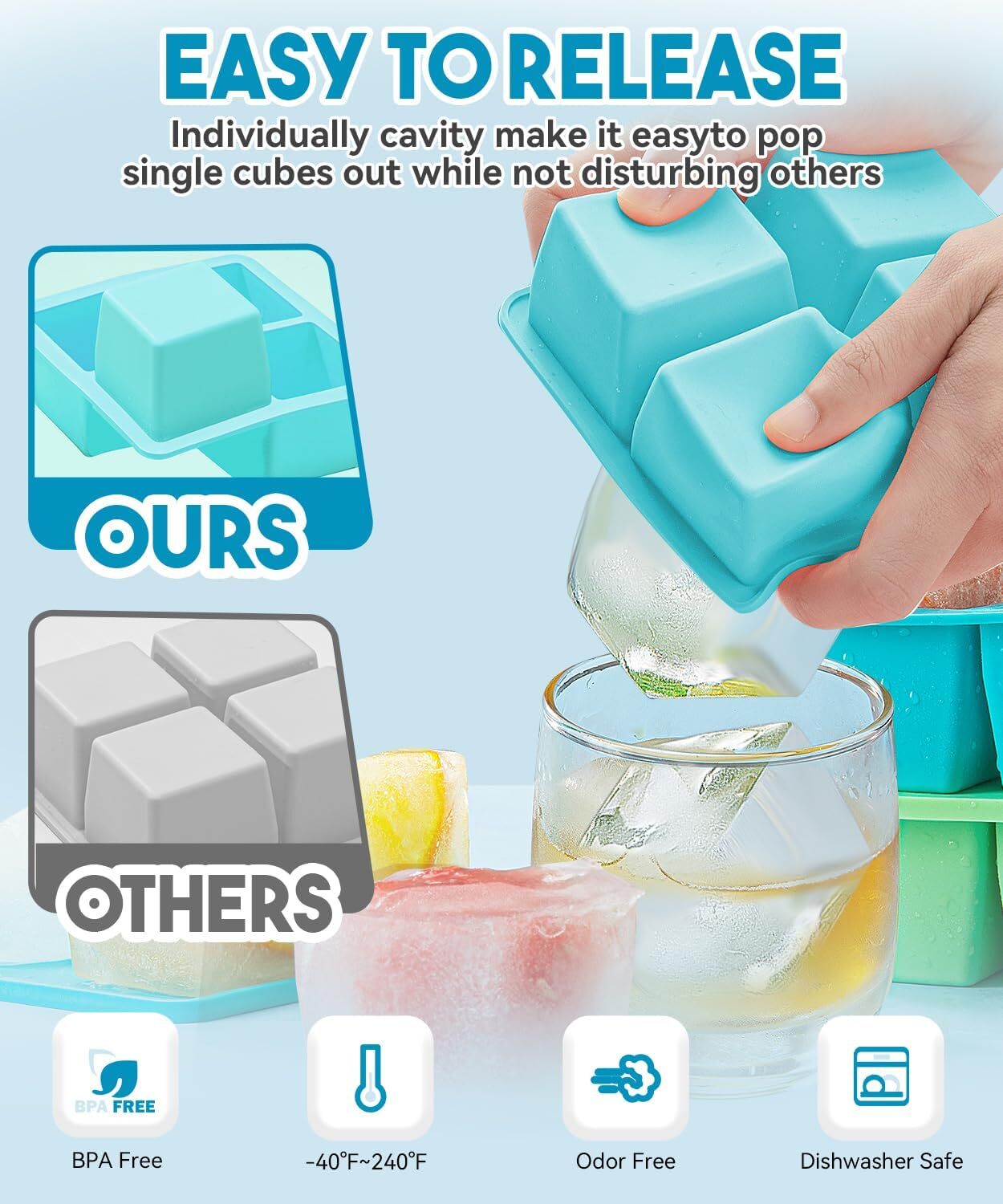 new 2 Pack Silicone Ice Cube Tray with Lid -Large 4.5*4.5*2.1in, Green，Blue 07FC0E-D4 - KOEEK