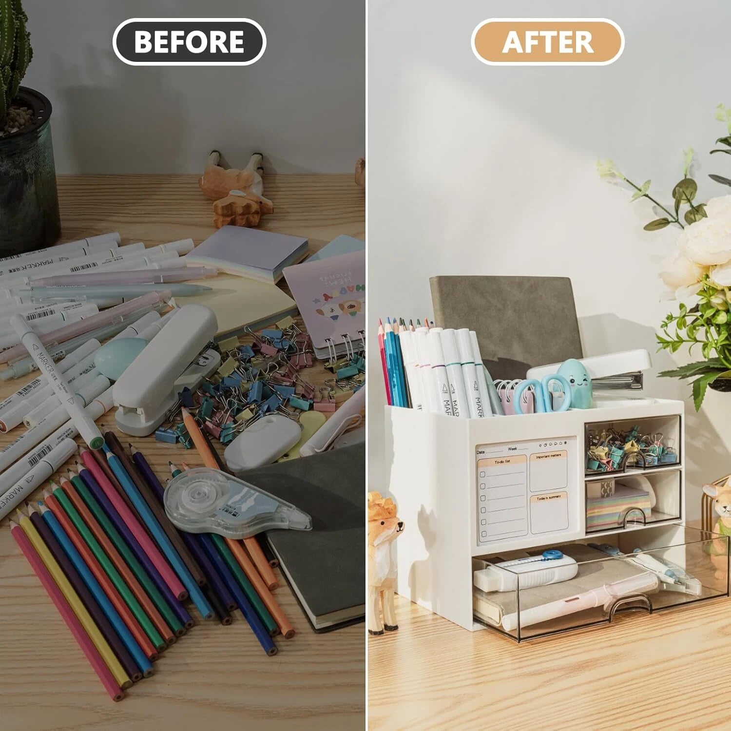 Desk Organizer with 3 Drawer, Multi-Functional Pencil Pen Holder for Desk, Desk 07FC0E-D4 - KOEEK