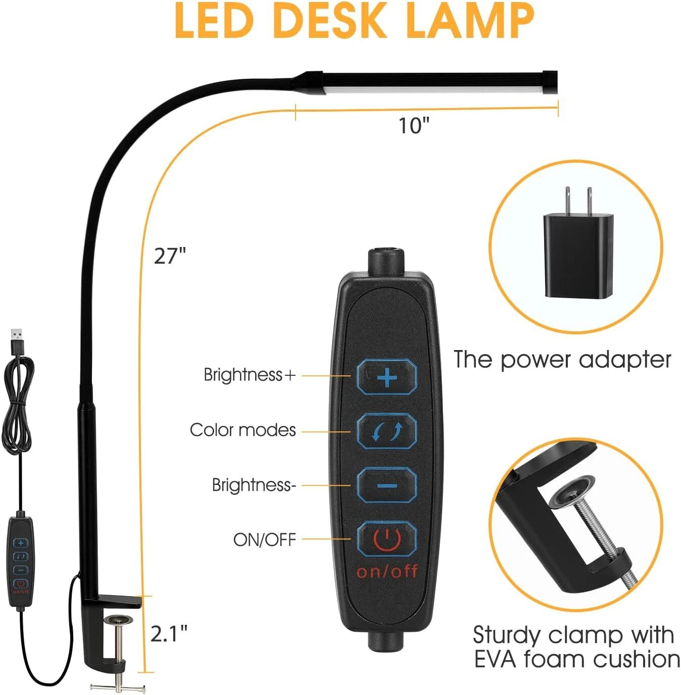 LED Desk lamp with Clamp, Eye-Caring Clip on Lights for Home Office, 3 Modes 10 07FC0E-D4 - KOEEK