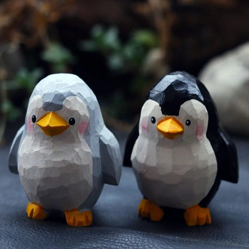 2Pc Hand Carved Wooden Penguin Figurines Mini Desktop Home Decor 07FC0E-D4 - KOEEK