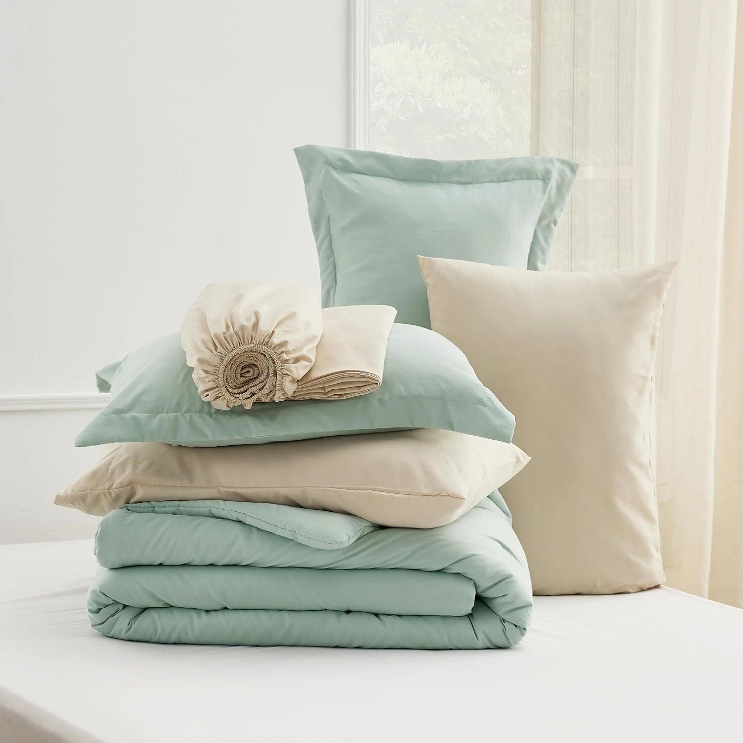 King Size Sage Green Comforter Set, 7 Piece Lightweight King Size Bedding Set 07FC0E-D4 - KOEEK