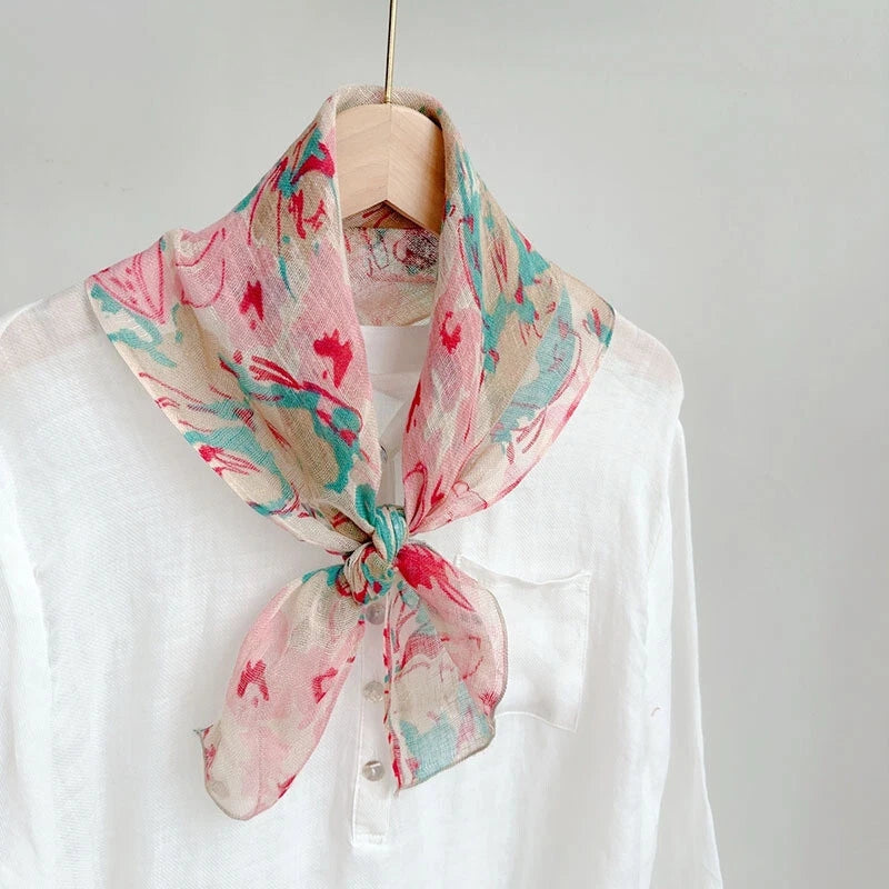 Womens  Linen Floral Print Necktie Bandana Thin Neckerchief Scarf Accessory 07FC0E-D4 - KOEEK