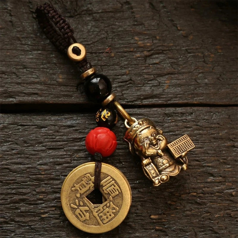 Vintage Brass Wealth God Keychain Amulet Handmade Braided Rope  Pendant 07FC0E-D4 - KOEEK