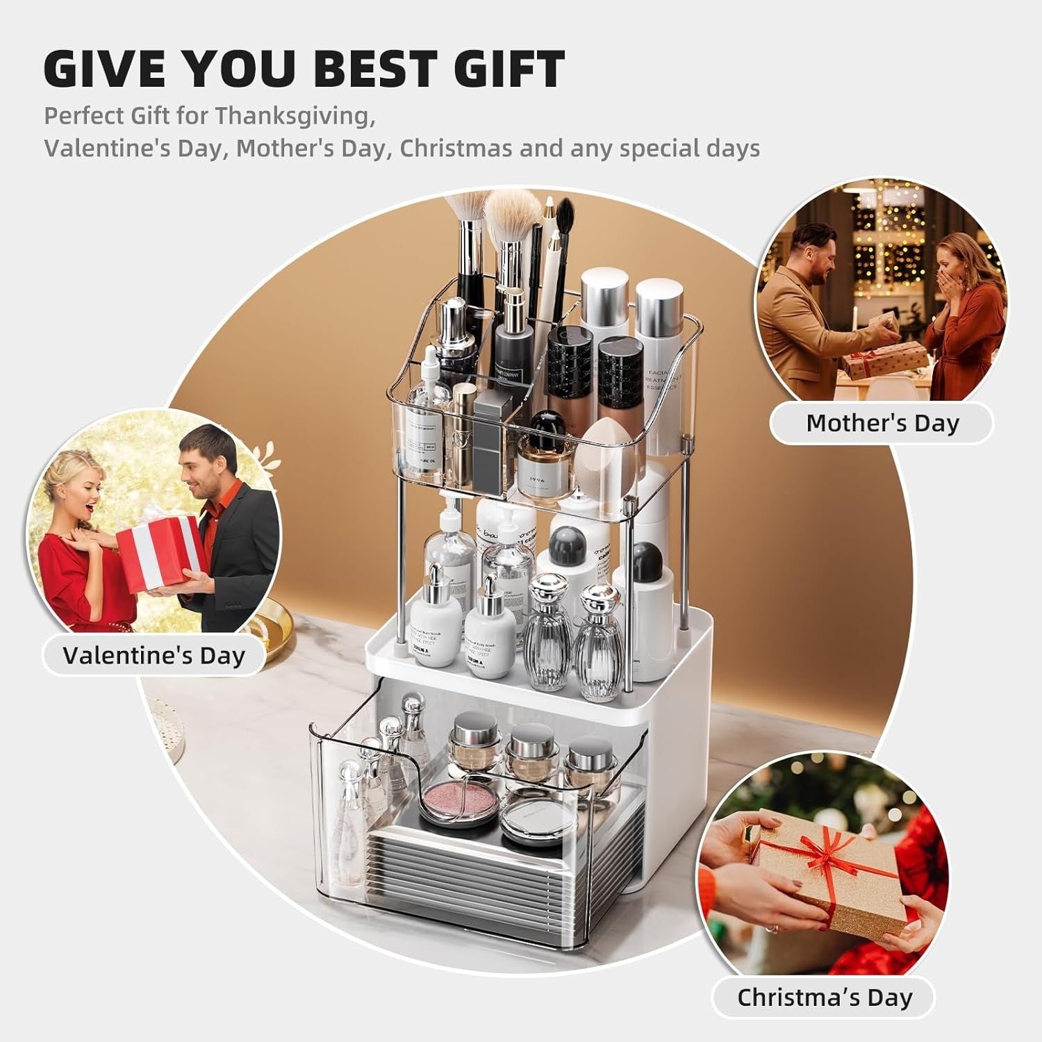 new Bathroom Countertop Organizer with Drawer - 3 Tier Makeup for clear 07FC0E-D4 - KOEEK